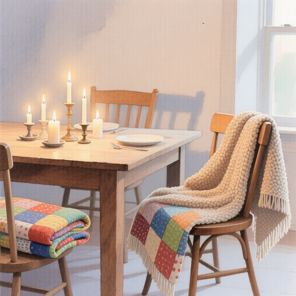 A charming view of a candlelit dining room, with a knitted blanket draped over a chair, featuring a quilt folded over the arm of a chair
