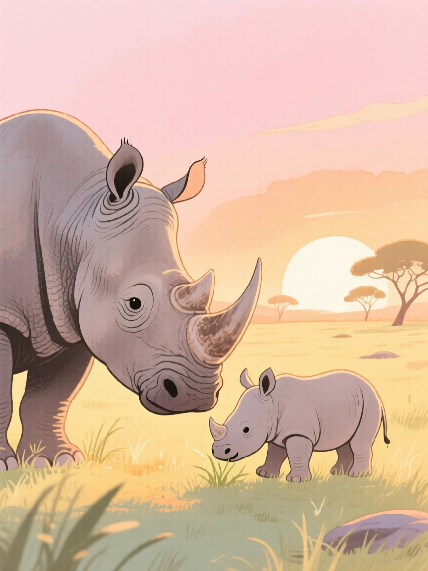 An exciting view of a rhinoceros and her calf grazing at sunrise.