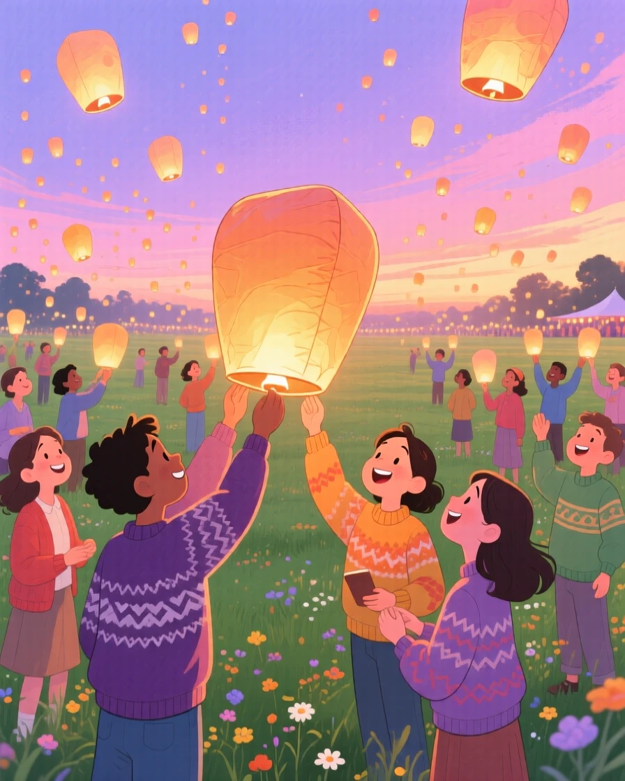 A community lighting sky lanterns during a summer festival, in a field glowing with hundreds of floating lanterns at dusk, with everyone dressed in their coziest sweaters, evoking collective hope and celebration.