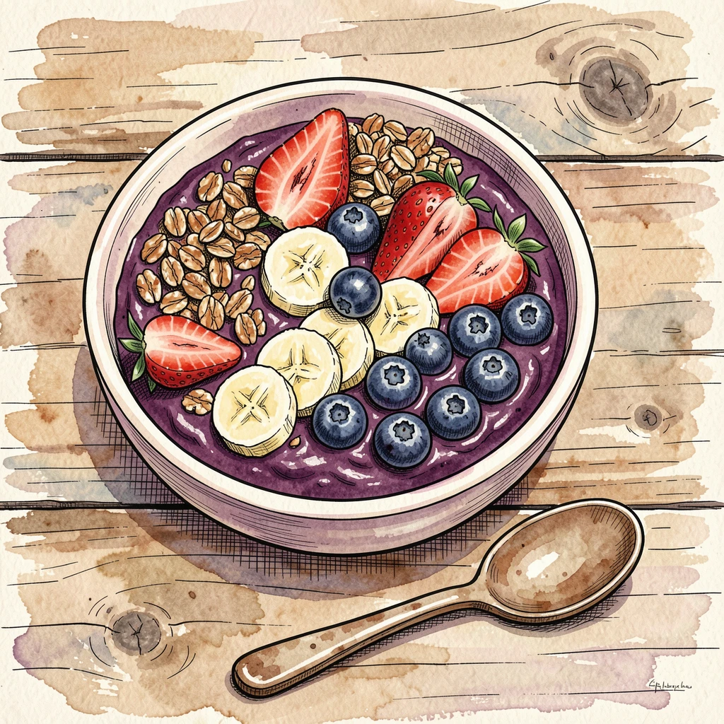 A colorful bowl of acai topped with fresh fruit and granola, rustic tableware adding warmth and character to the setting.