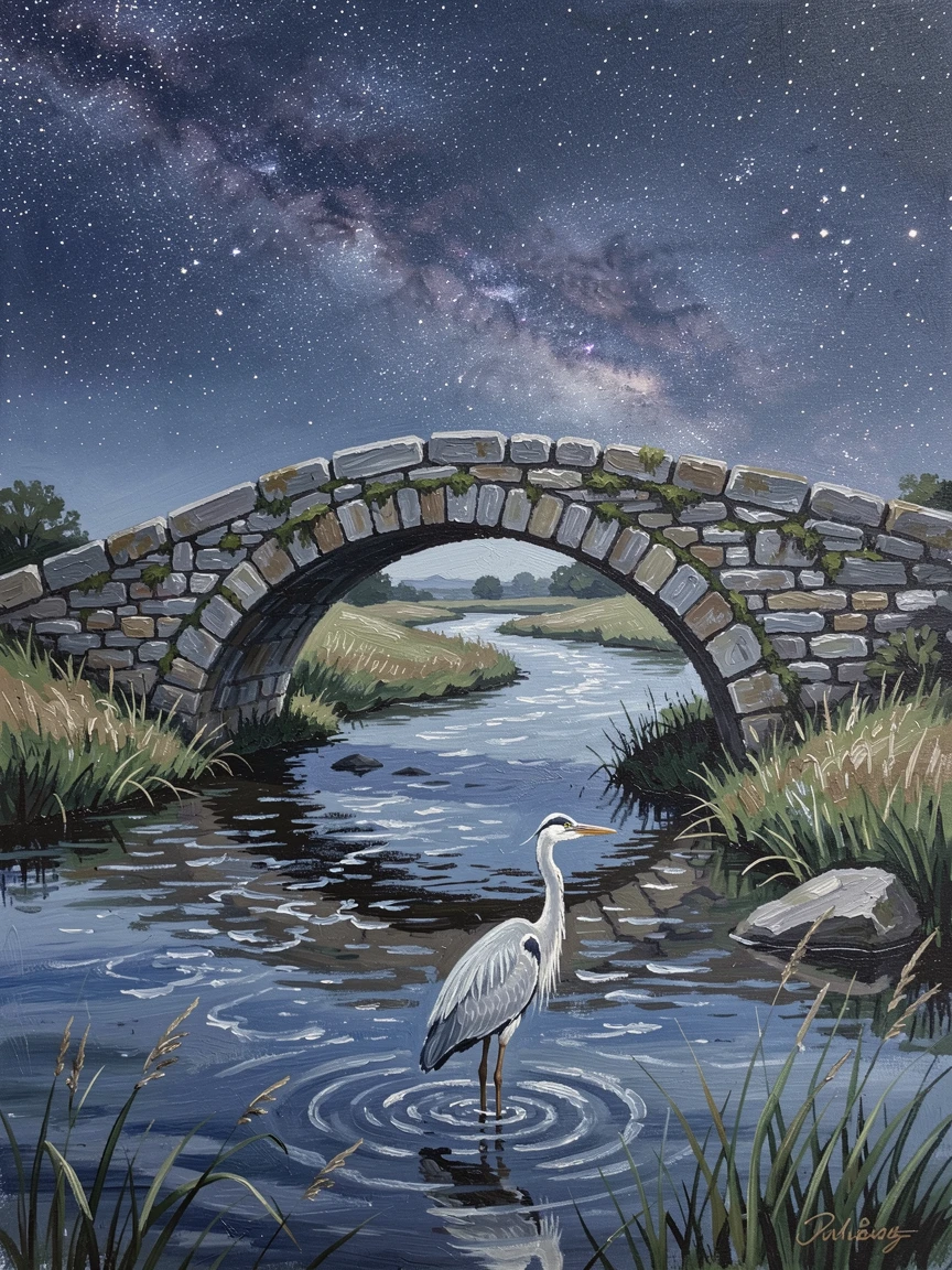 Under a canopy of stars, the water rippling faintly, a wide, meandering river through open countryside, beneath a stone arch bridge, a heron wading silently through the shallows.