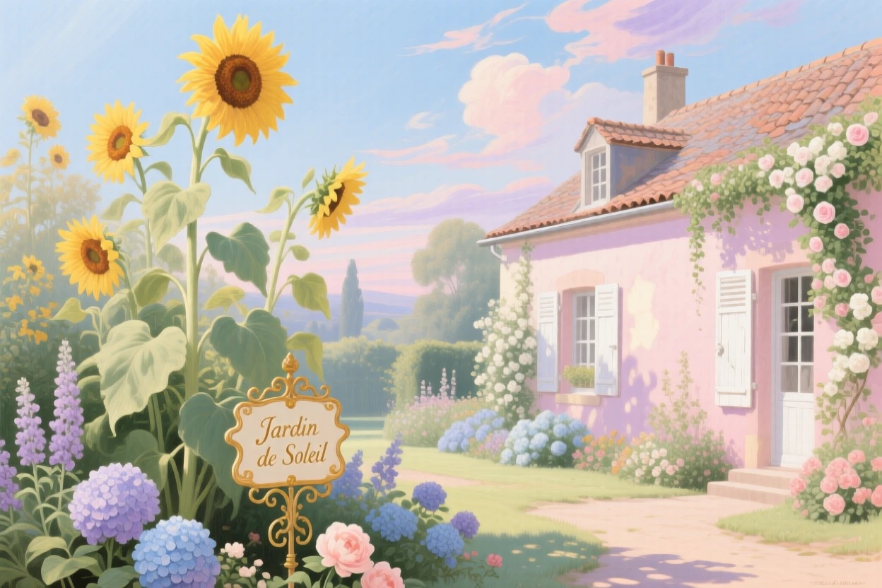 A garden of towering sunflowers beside a quiet country cottage  