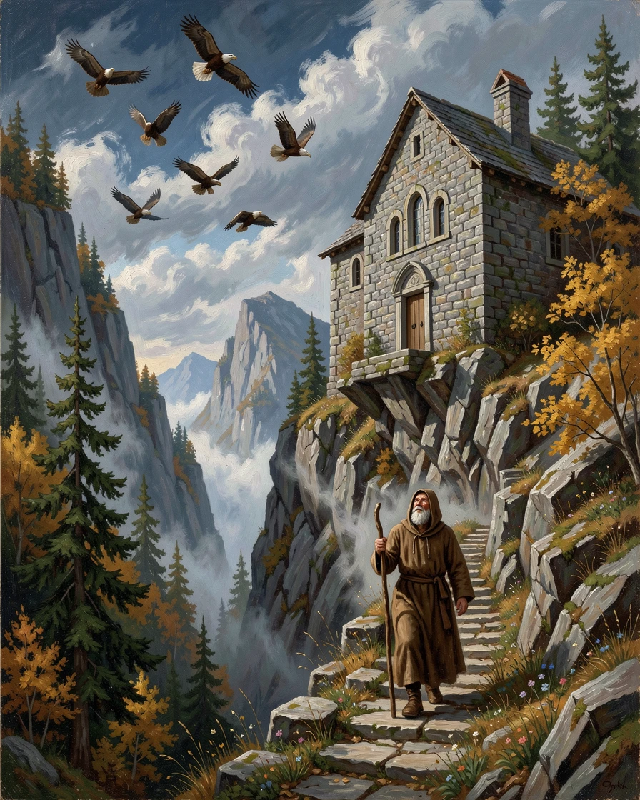 A hermit climbs toward a stone monastery clinging to the cliffside while eagles circle above.