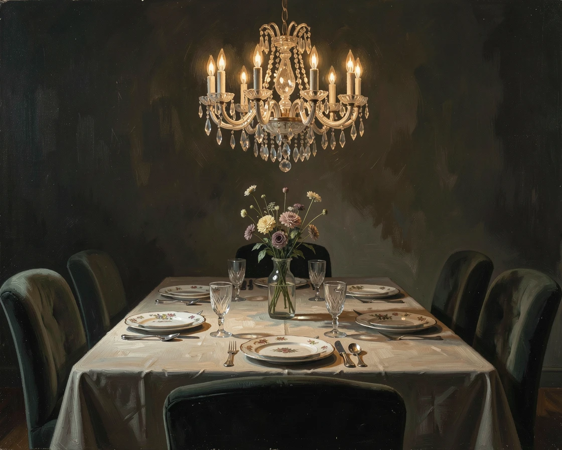 A crystal chandelier casting warm light over an elegant dining table, as delicate shadows fall across the surrounding surface, evoking elegance, refinement, and quiet luxury