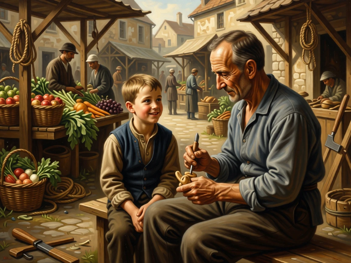 A grandfather whittling a small wooden toy for his grandchild in a scene both modest and deeply human, set within a bustling market square filled with color and life, with baskets of produce, coils of rope, and tools of an honest trade; a tight, intimate framing draws focus to hands and faces at work, filled with gentle humor, warmth, and community spirit.