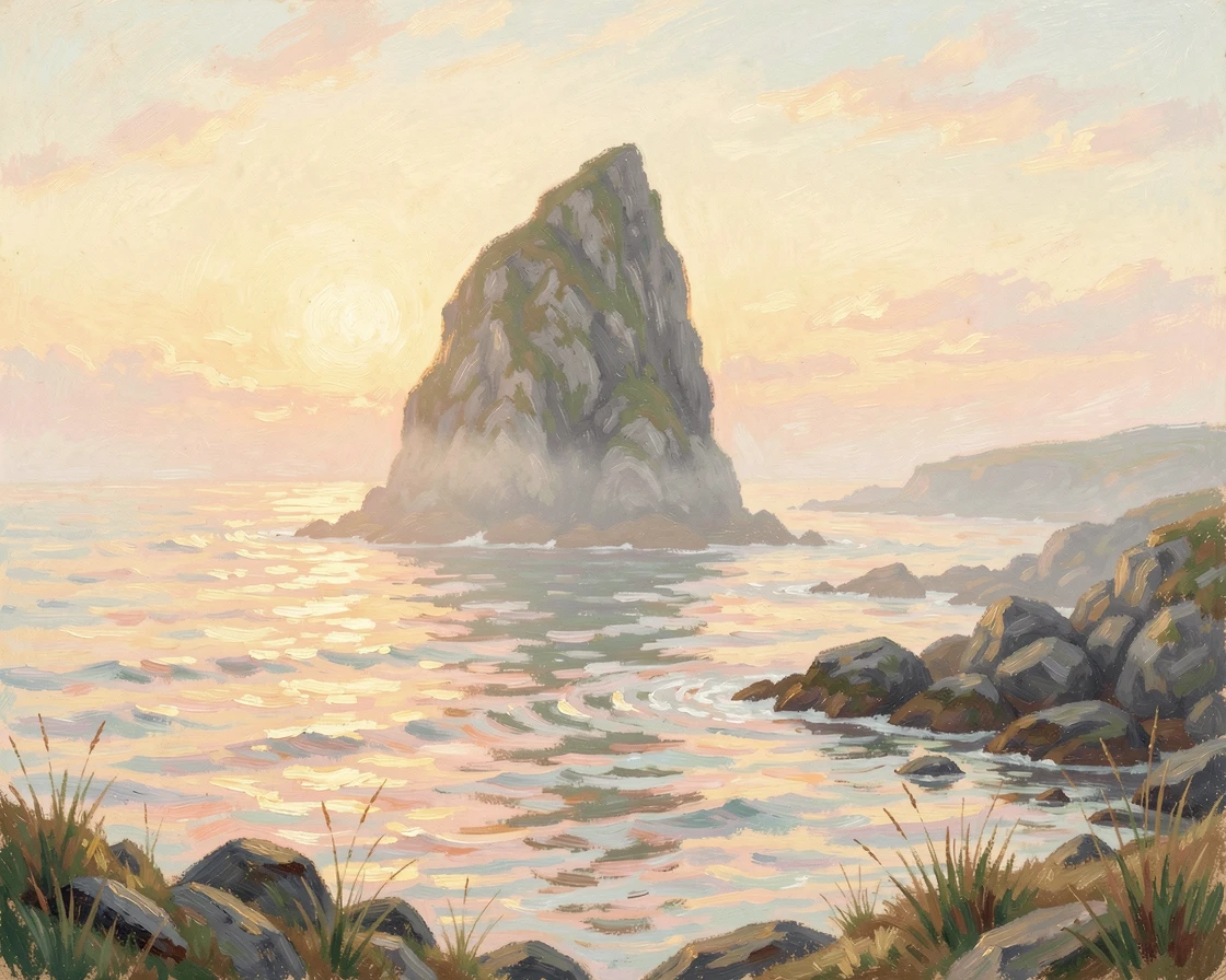 A remote sea stack rising from misty waters off a rugged northern coastline, at golden sunrise, capturing a moment of quiet intimacy.