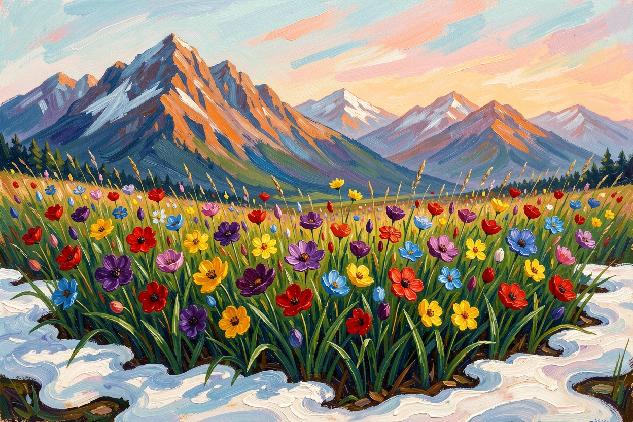 A mountain wildflower meadow bursting with color just after the last snow melts.