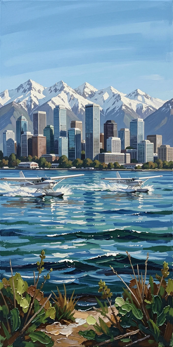 The Vancouver skyline rises dramatically against snow-capped mountains, seaplanes taking off from the harbor beneath a clear blue sky, patches of moss and undergrowth adding a sense of quiet detail underfoot.