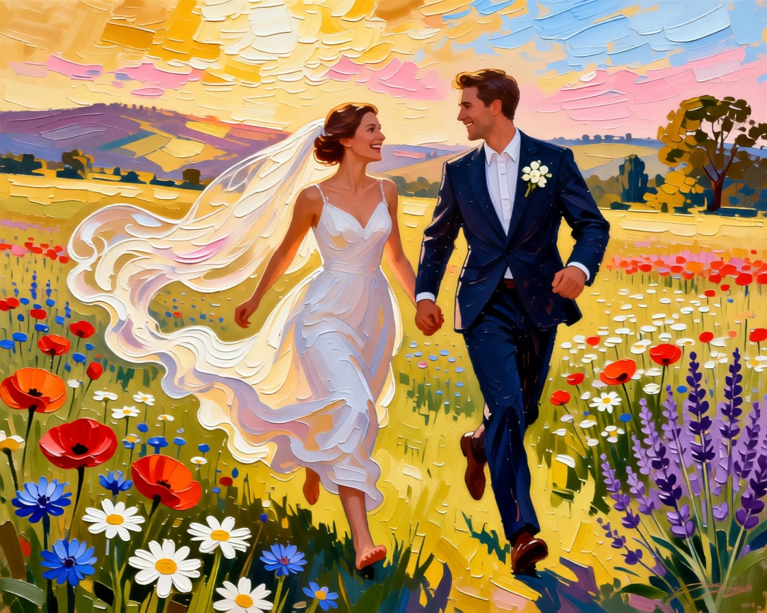 Newlyweds running hand in hand through a field of wildflowers, veil trailing in the wind