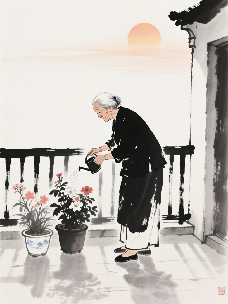 An elderly woman waters potted flowers on her balcony at sunrise, as the afternoon light softens across the courtyard.