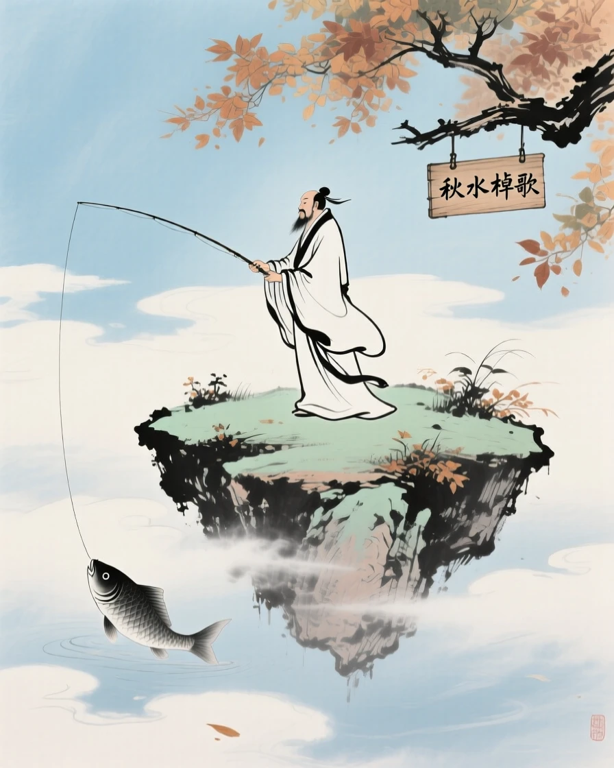 An immortal fisherman casting a line from a floating island in the clouds, in late autumn, full of quiet reverence.