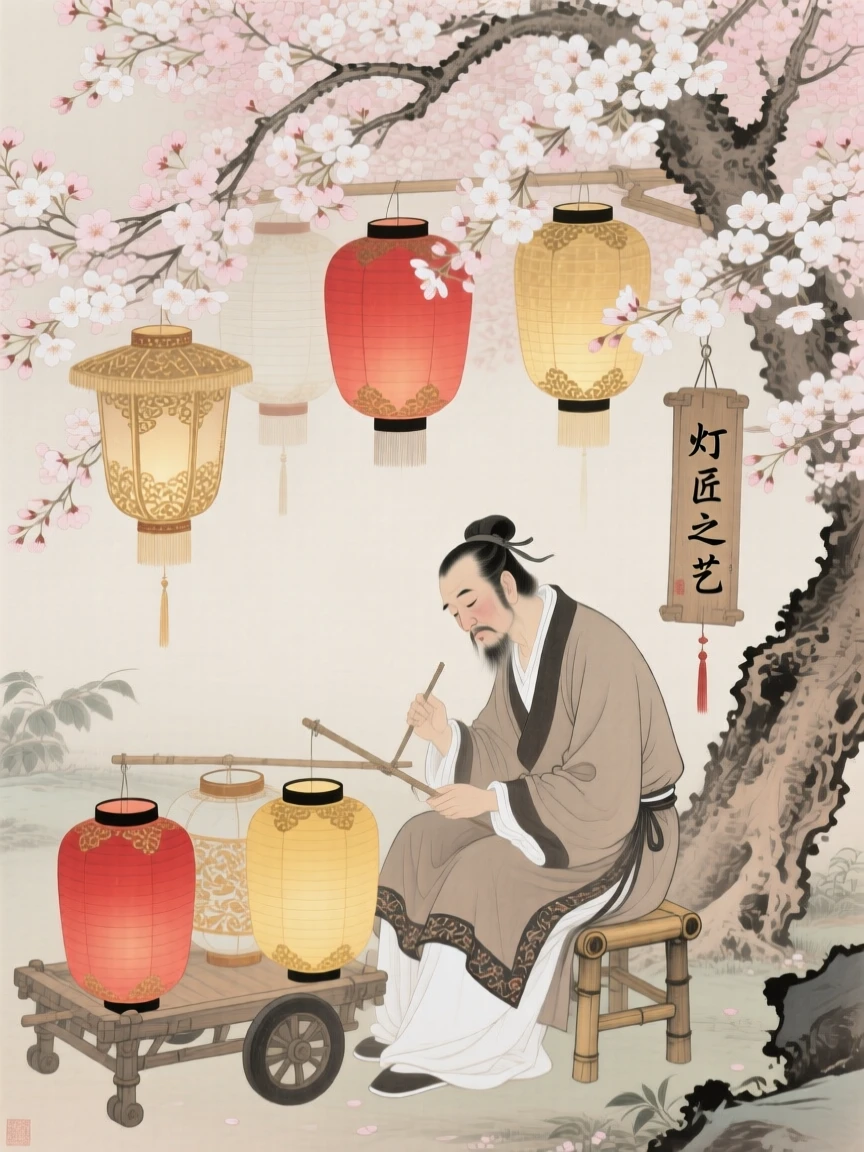 A lantern maker resting after a long day's journey beneath a canopy of cherry blossoms