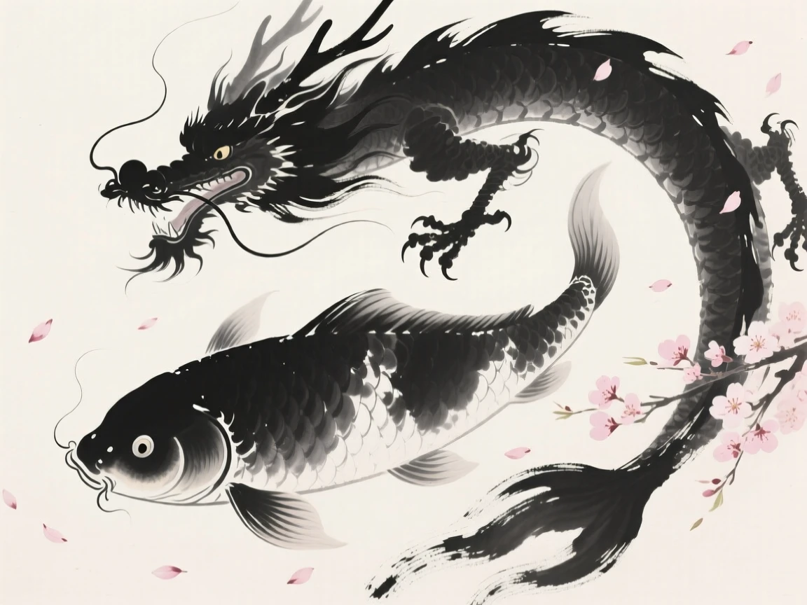 A giant koi transforming into a rising dragon amid drifting cherry blossom petals, composed with sweeping, dynamic movement across the frame, capturing a dreamlike, otherworldly stillness.