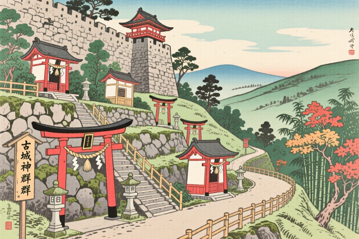 A hillside terrace of small shrines rising above ancient stone city walls.