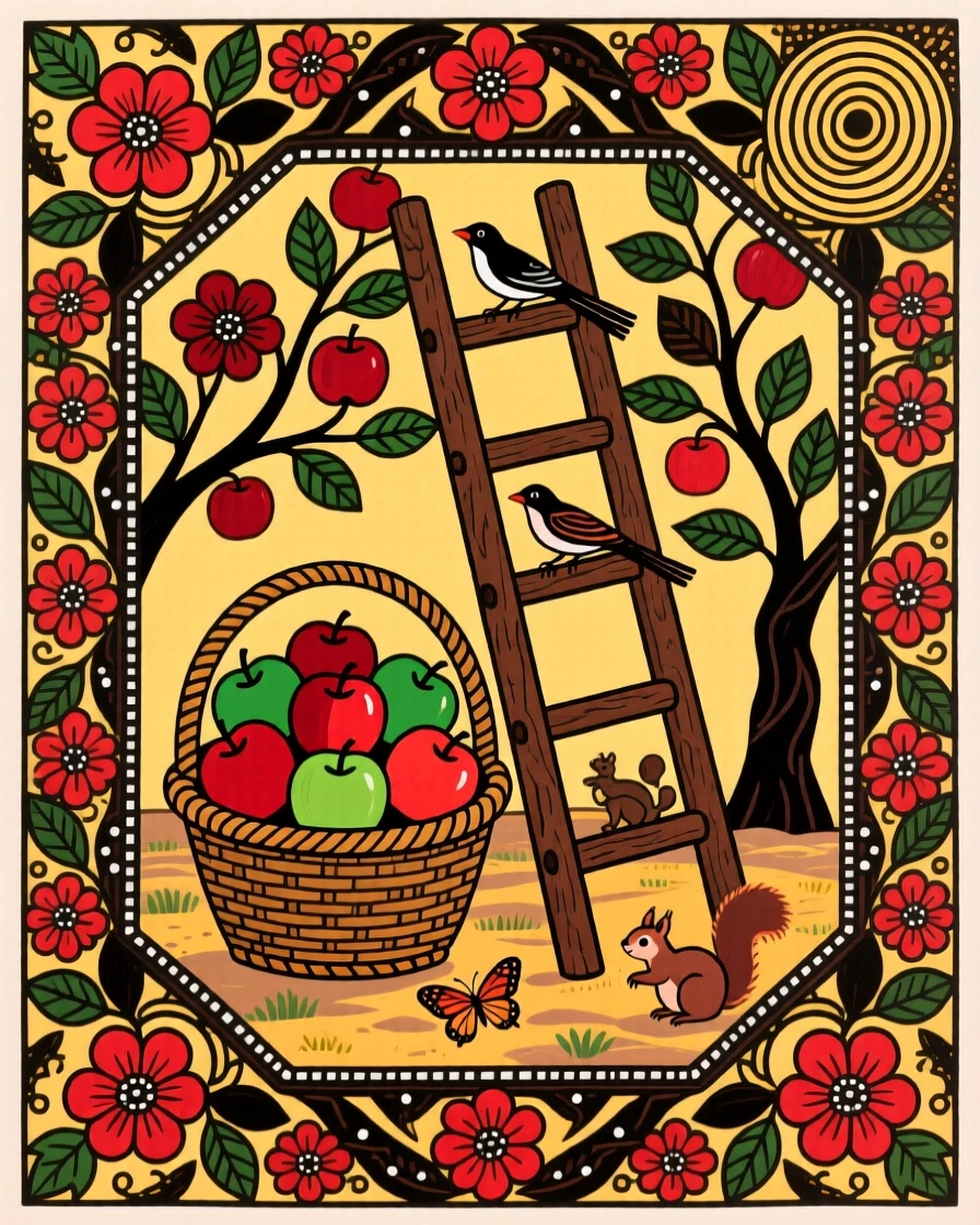 A basket of freshly picked apples resting beside an orchard ladder.