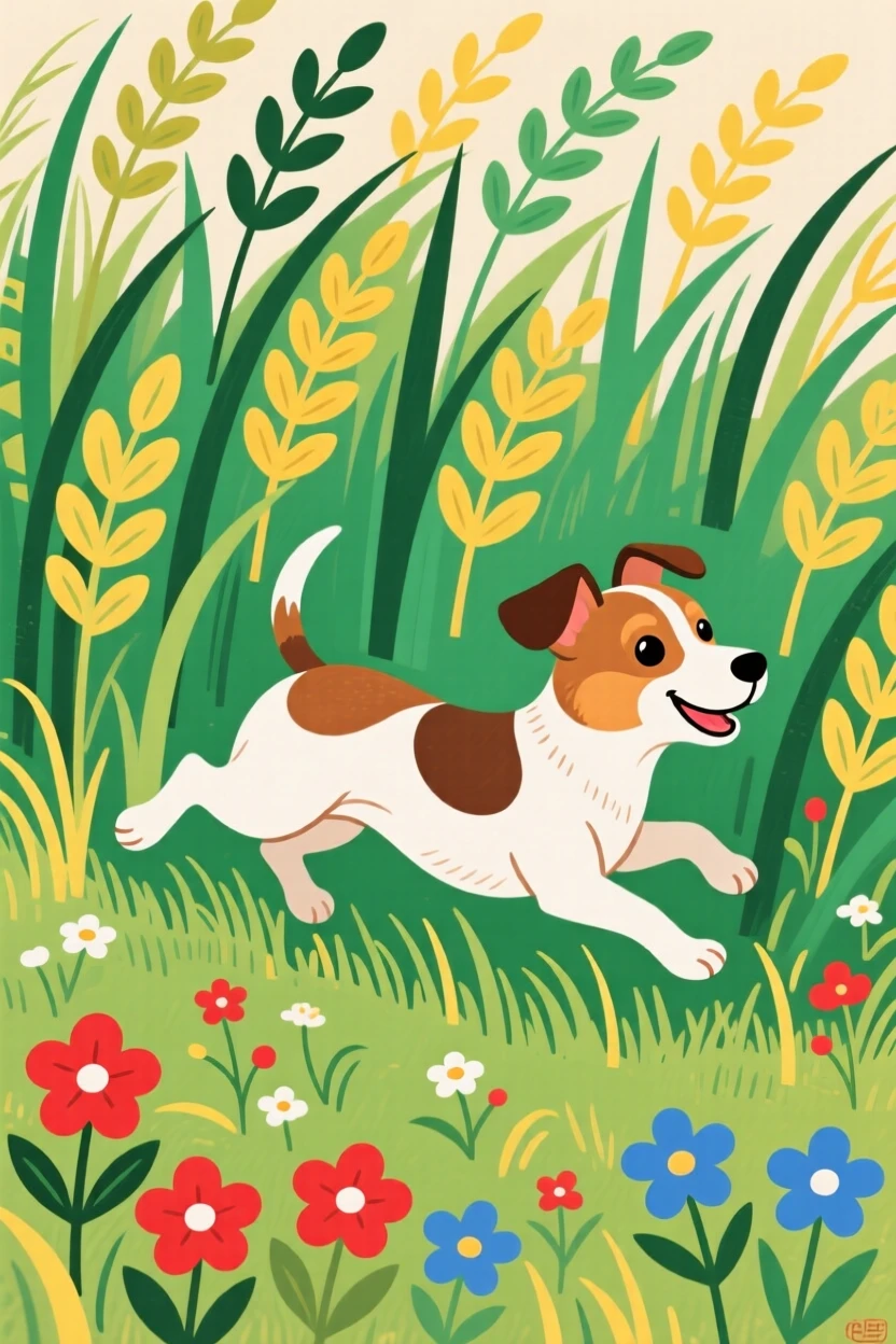 A small terrier running through a field of tall grass.