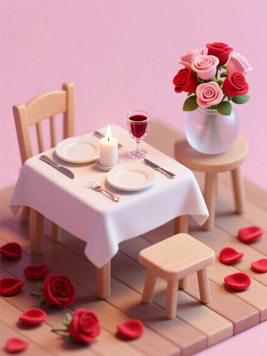 A Valentine's Day scene with a candlelit dinner table set for two, rose petals scattered, and a bouquet in a vase nearby.