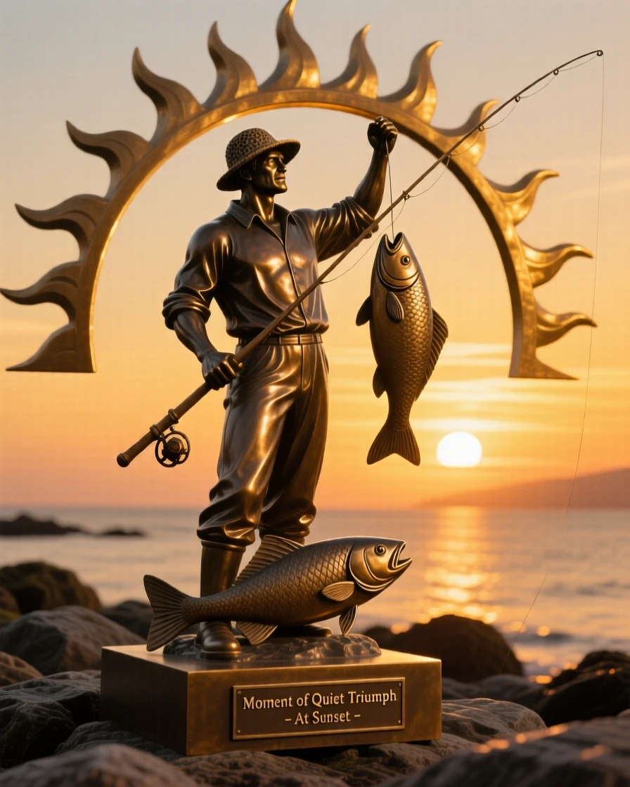 A fisherman silhouetted against a golden sunset, in a moment of quiet triumph, forming a strong central focal point
