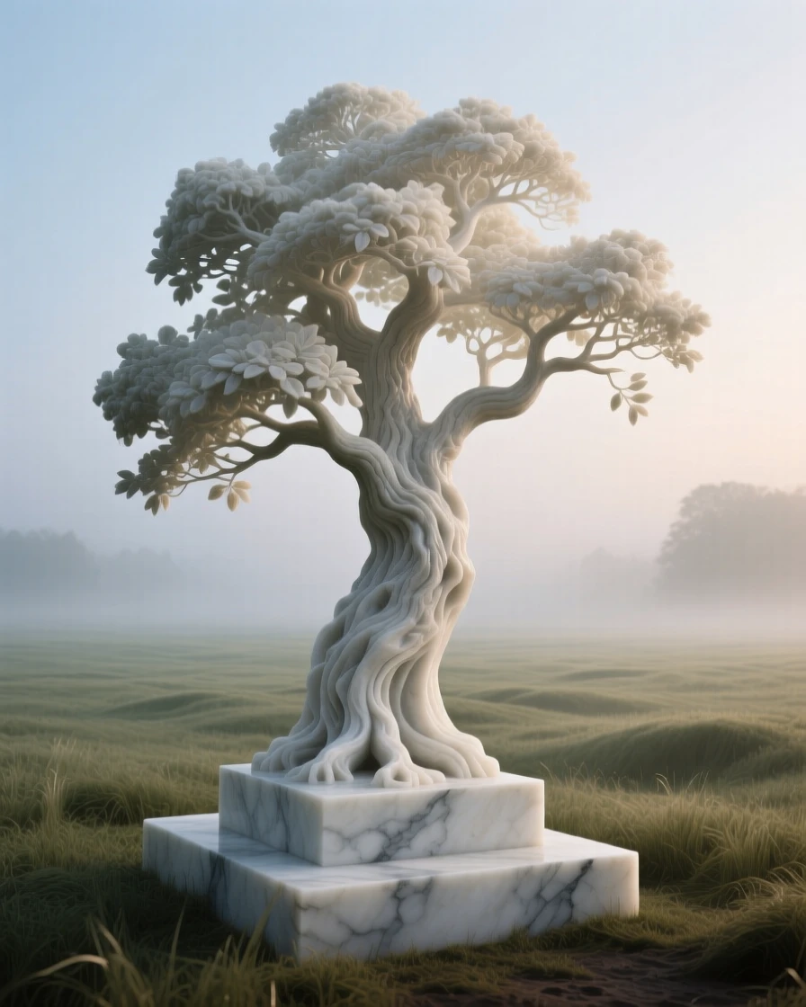 A vivid, emotionally rich scene of a solitary tree standing in a misty field, surrounded by soft, glowing light, designed to captivate and inspire