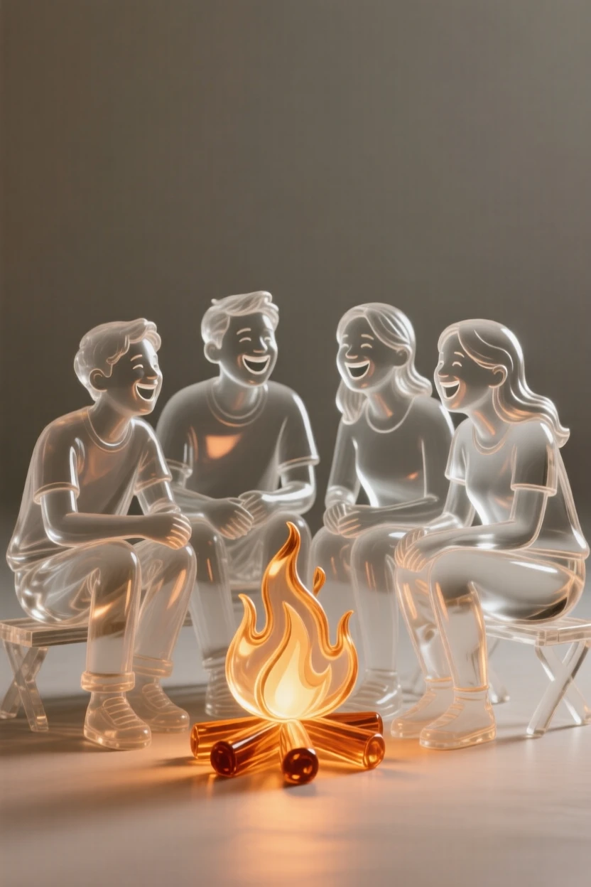 A group of friends laughing together around a campfire beneath a sky painted with the colors of sunset