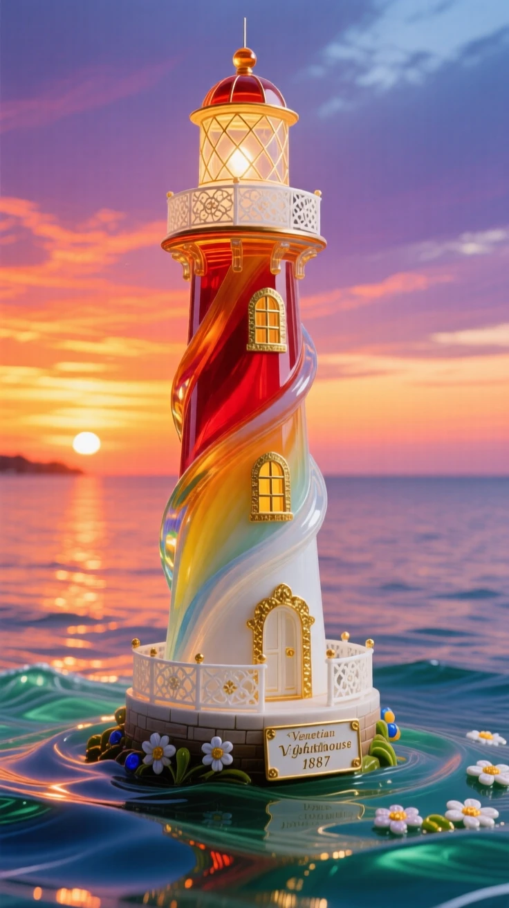 A grand old lighthouse standing against a blazing sunset over calm seas, iconic and peaceful.