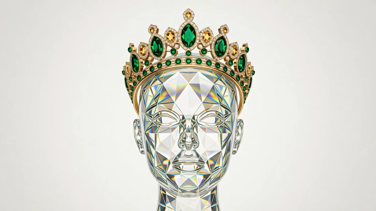 An elegant gold and emerald tiara displayed on a mannequin bust.