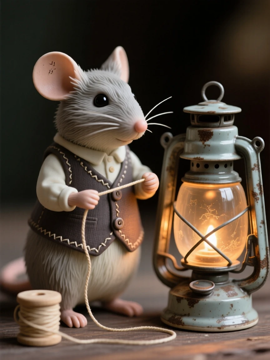 A tiny mouse dressed as a tailor with thread in hand frozen in a moment of quiet, gentle mischief, with warm lantern light glowing softly nearby, capturing the magic of imaginative make-believe.