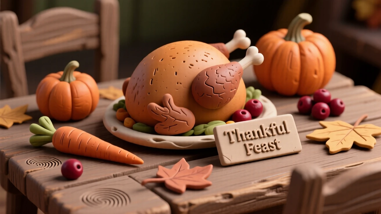 A rustic table spread with roasted turkey and autumn vegetables