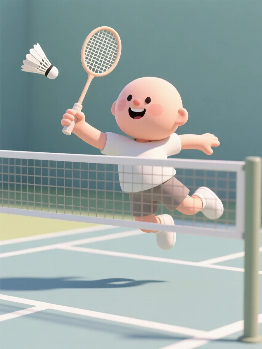 A joyful badminton player leaps to smash a shuttlecock across the net on a sunny outdoor court.