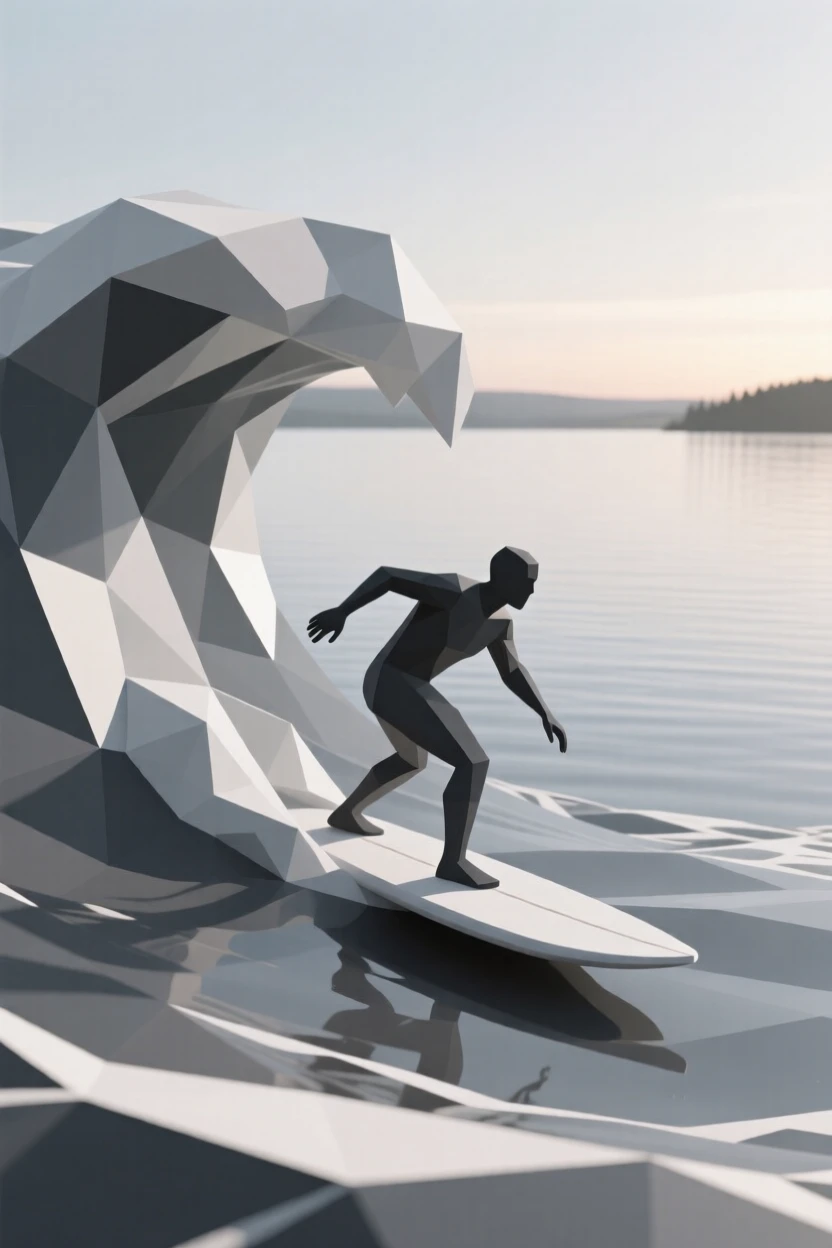 A surfer riding a powerful ocean wave, beside a tranquil lake at dawn. a shallow depth of field keeps the action sharply in focus. There is a calm sense of focus and skill.
