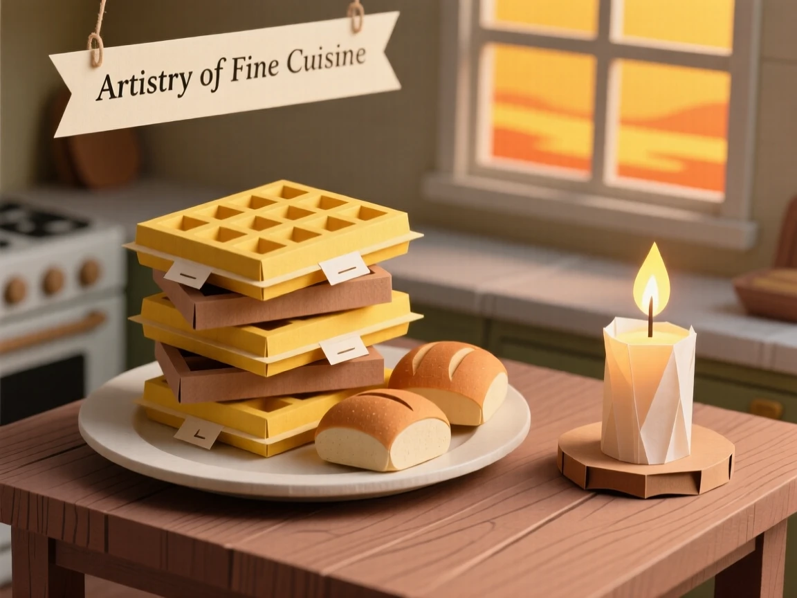 A stack of golden waffles plated in a cozy candlelit kitchen, with warm bread resting alongside, capturing the artistry of fine cuisine.