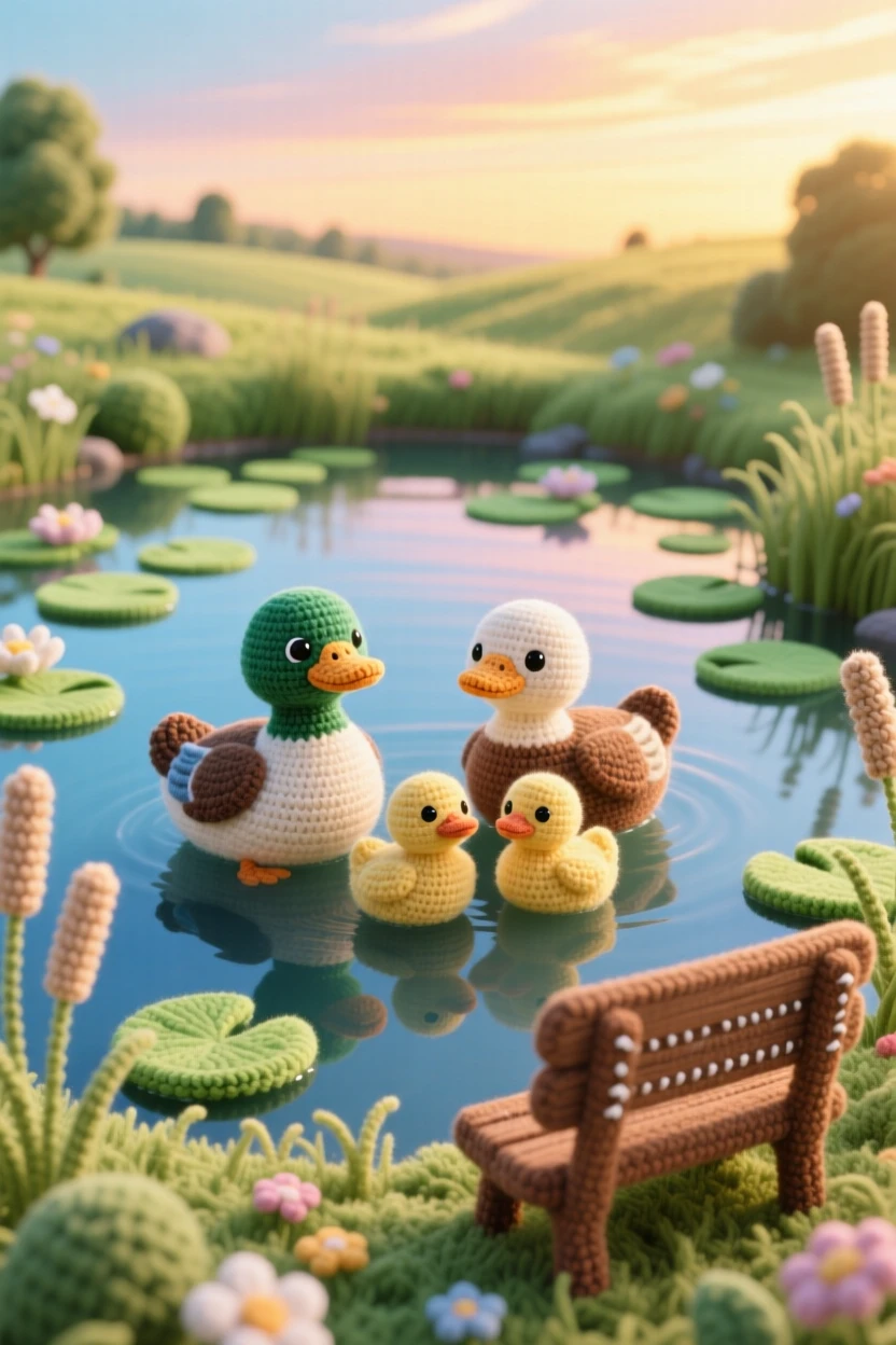 A tranquil view of a quiet countryside pond covered in lily pads, home to a family of ducks, reflecting the soft morning sky, beneath a wide open sky at golden hour, with a single wooden bench resting nearby, evoking a serene, storybook tranquility.