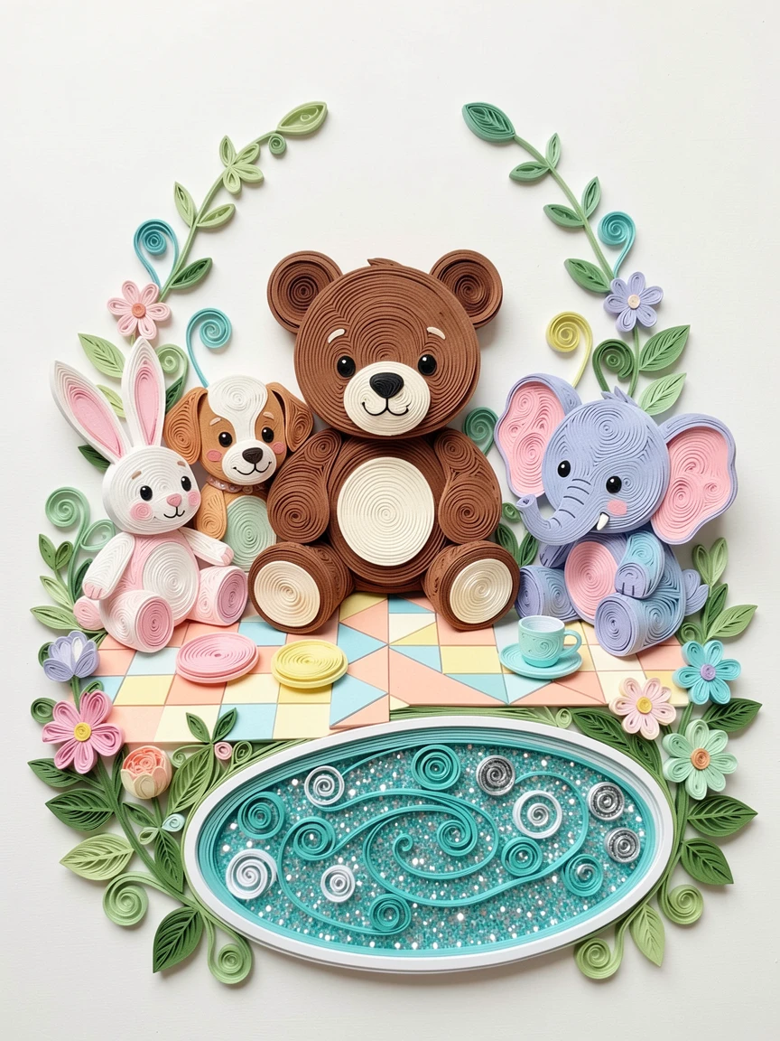 a teddy bear having a picnic with other stuffed animal friends, beside a sparkling toy pond, arranged with bright cheerful symmetry, in a playful pastel color scheme.