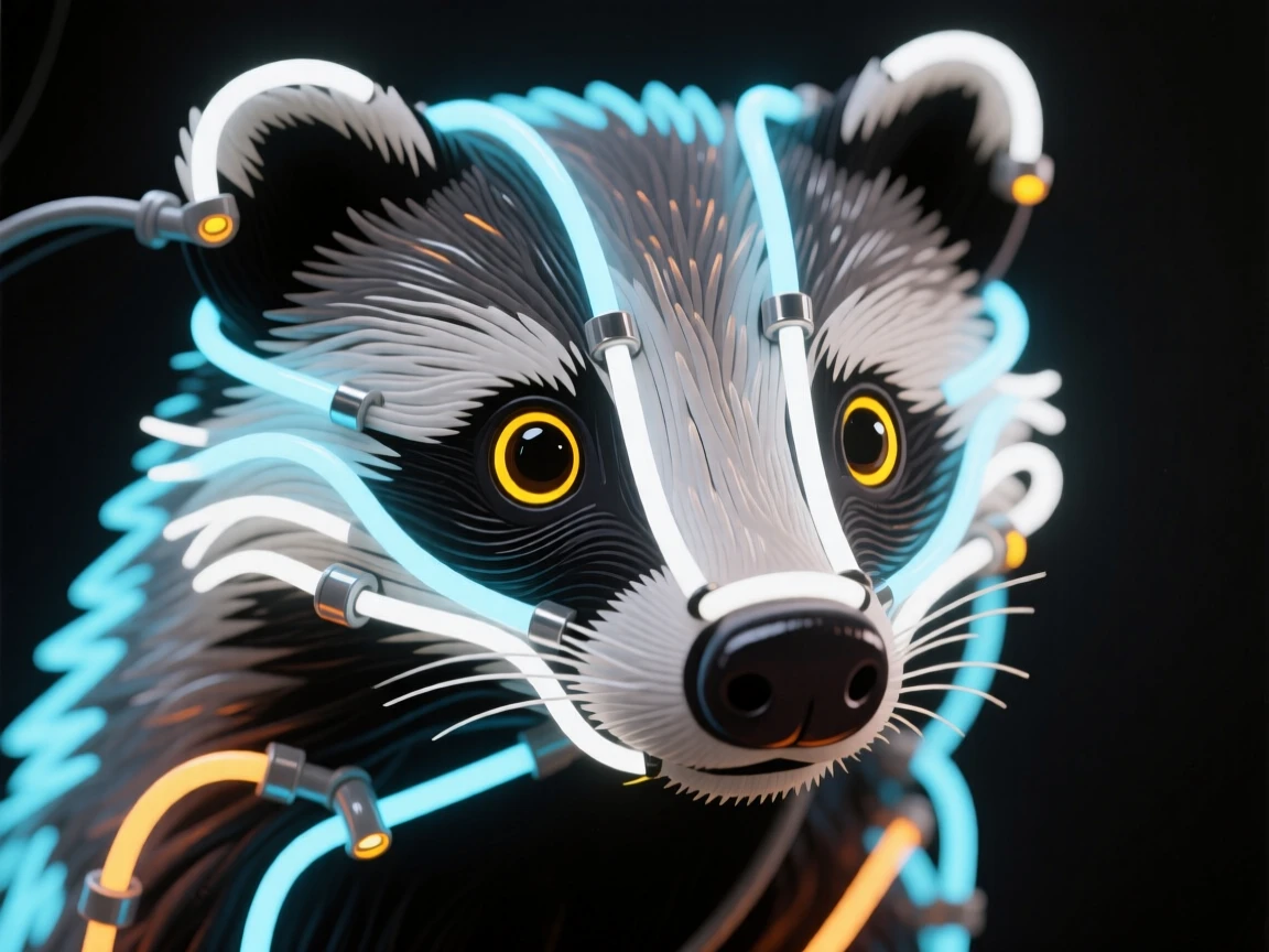 A close-up portrait of a badger with a curious, alert expression.