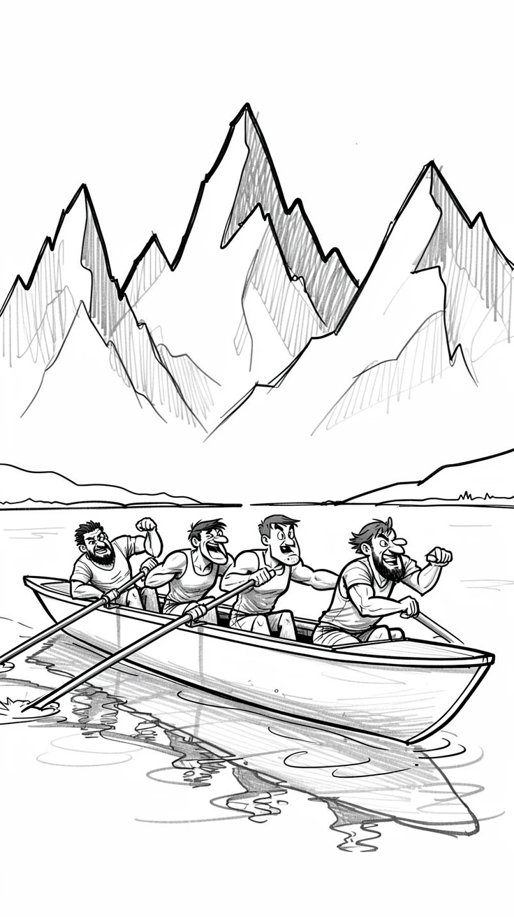 A team of rowers gliding across calm water against a backdrop of towering mountains.