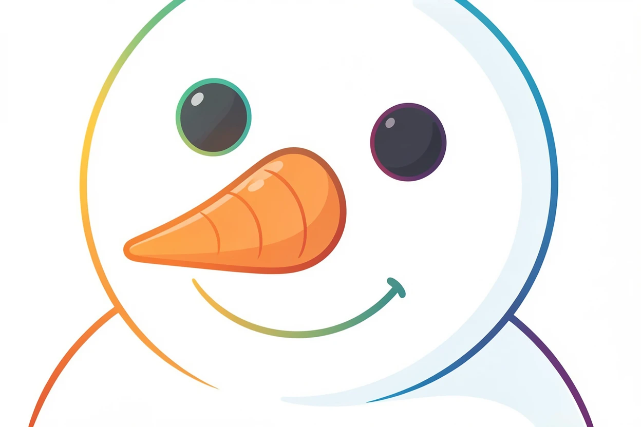 A close-up of a snowman's carrot nose and coal-button eyes.