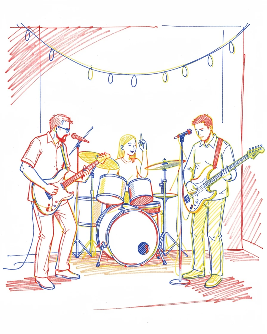 A rock band rehearsing together in a garage lit by string lights