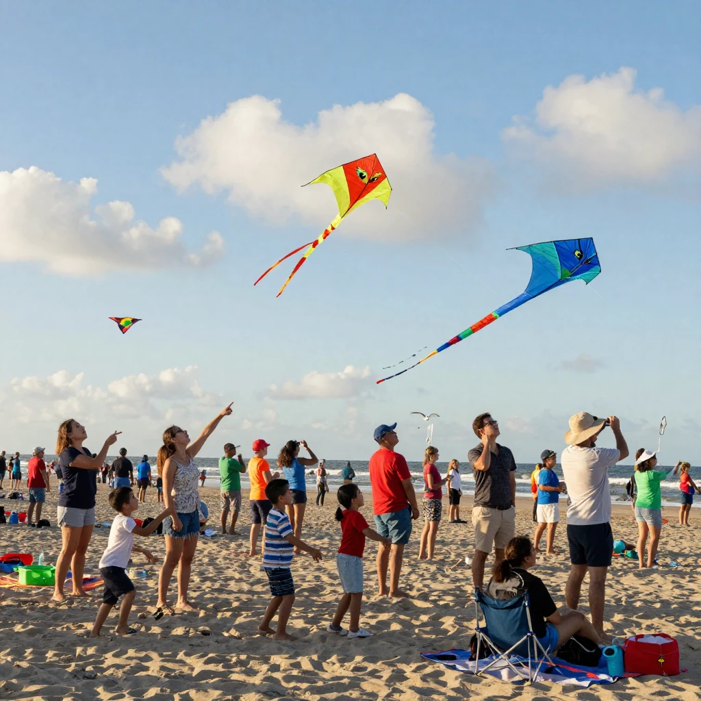 A crowd watches a giant kite festival fill the sky with color above a beach.