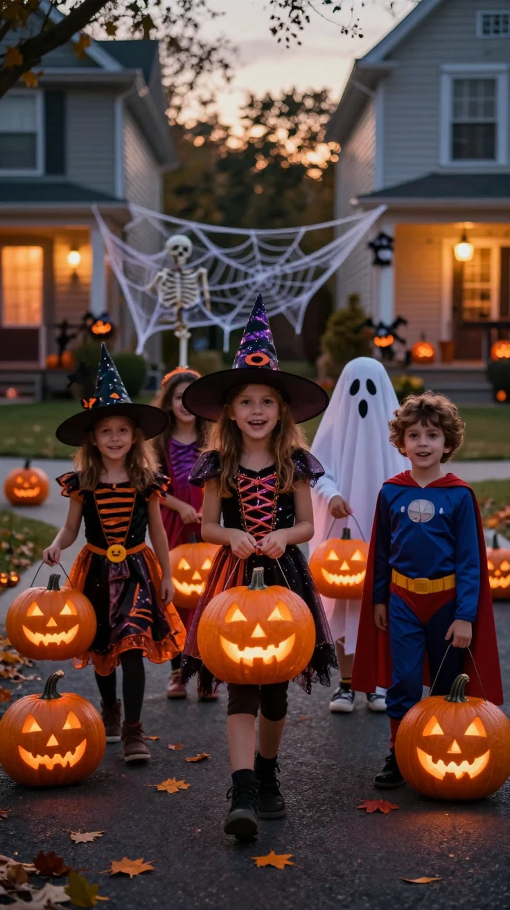 Children trick-or-treating down a street lined with carved glowing pumpkins