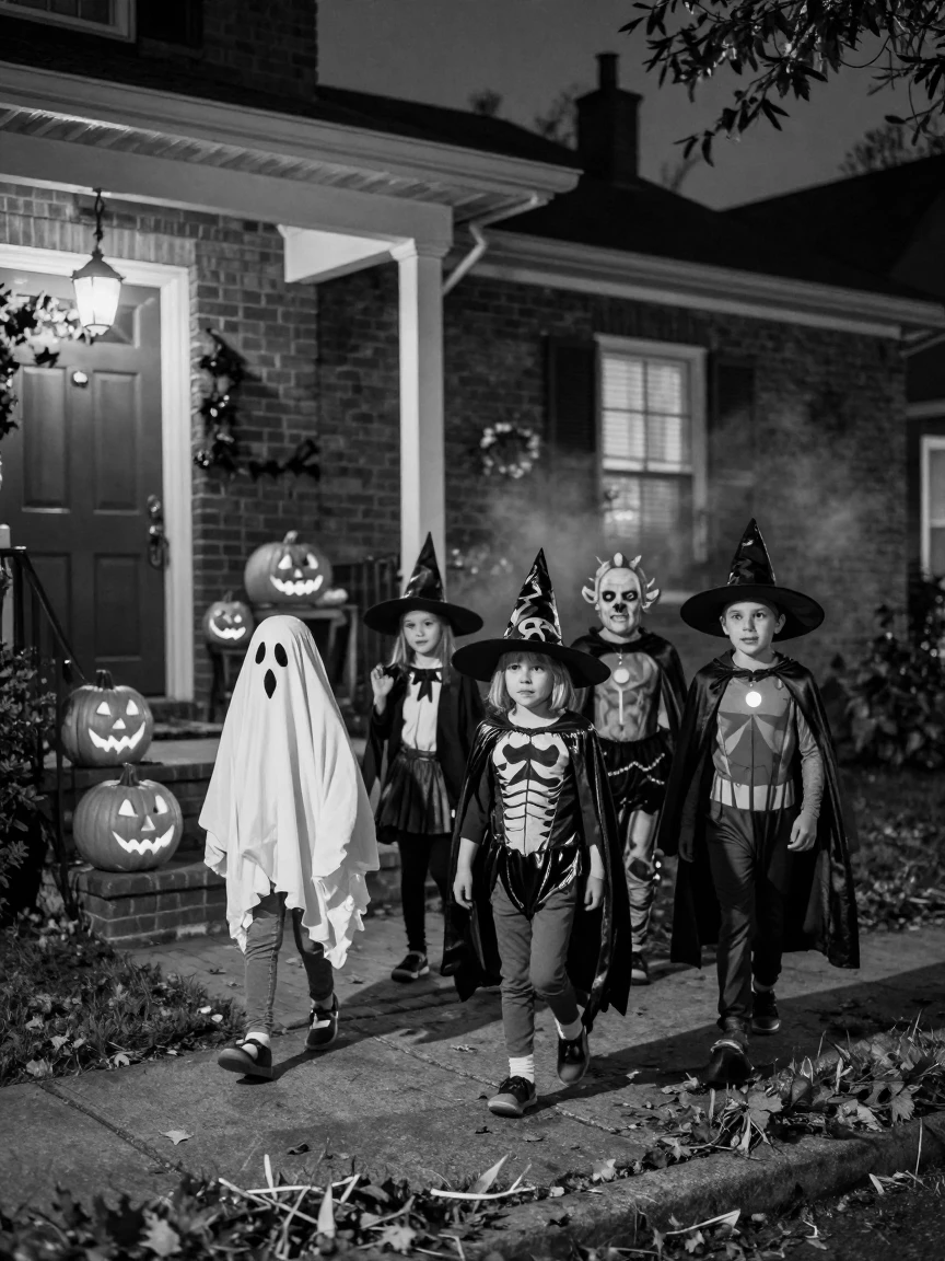 A group of trick-or-treaters walks door to door in costume beneath glowing jack-o-lanterns.