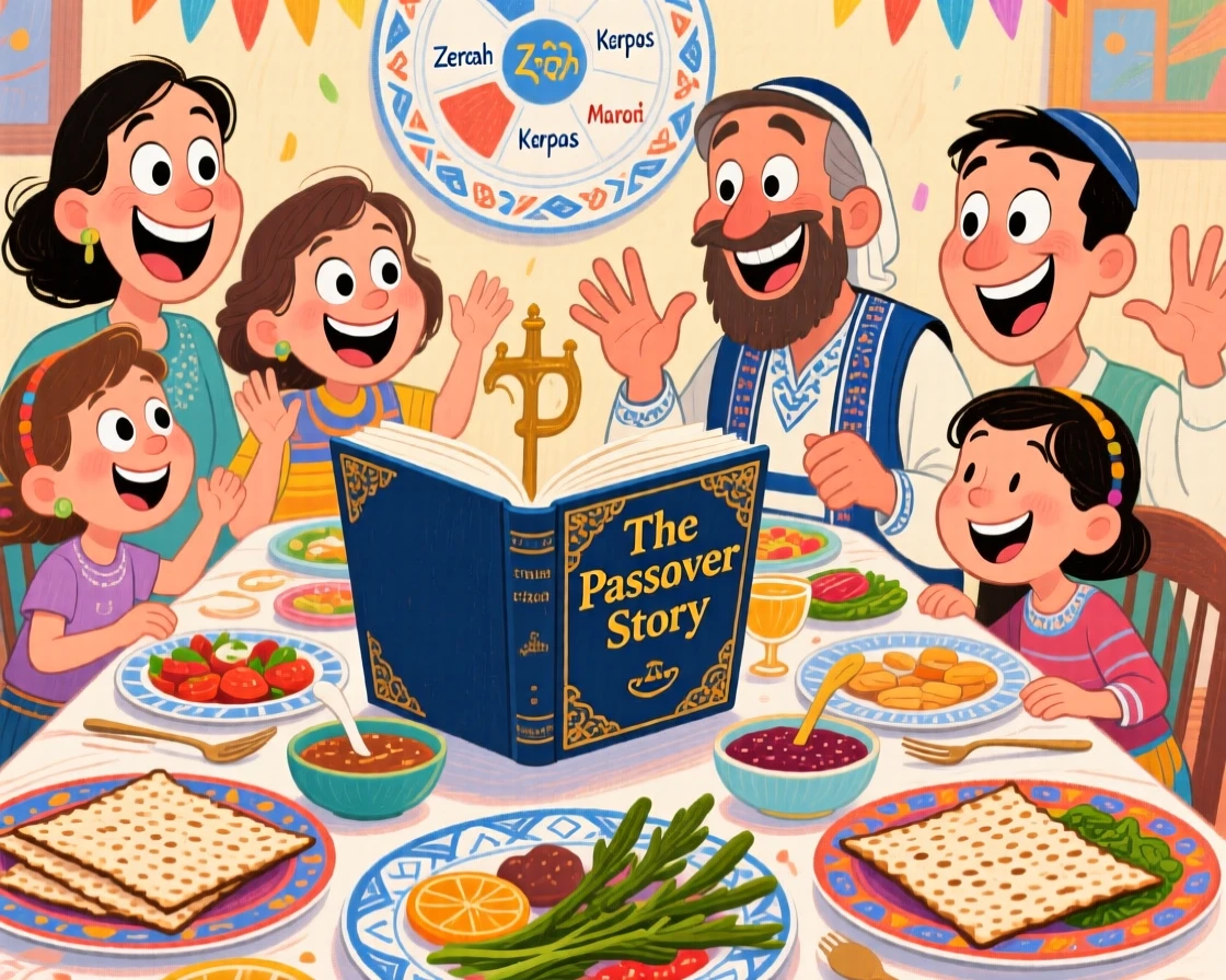 A family celebrating Passover with a beautifully set Seder table.