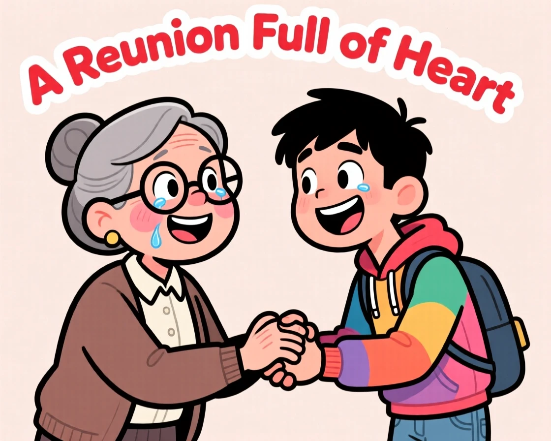 A heartwarming moment depicting a devoted teacher reuniting after years apart, with hands clasped tightly together.