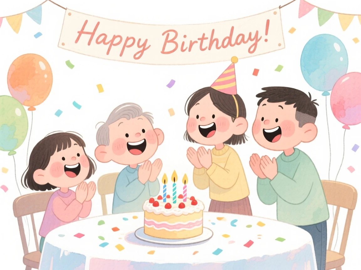 A joyful celebration scene of a birthday party with balloons, confetti, and a candle-lit cake, filled with warmth and laughter