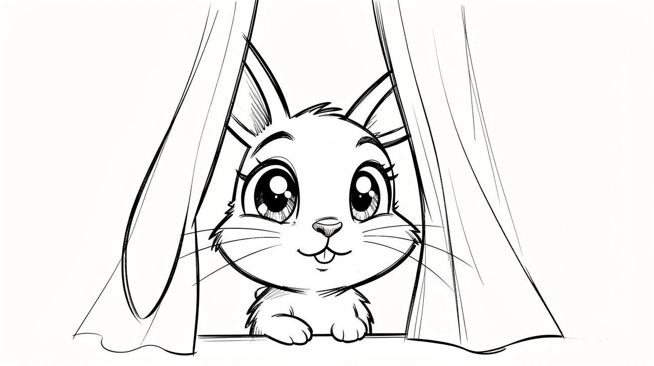 [Cute Animals & Pets] Adorable scene of a wide-eyed bunny hiding behind a curtain, bursting with charm and playful energy