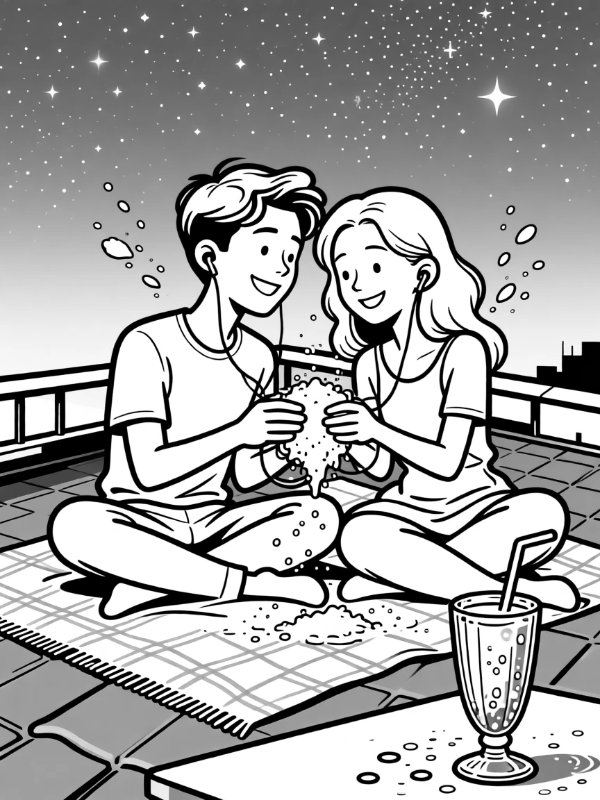Two people sharing one pair of earbuds on a train, flinging flour at each other mid-recipe, set on a rooftop blanket under a clear night sky. The milkshake glass sweats condensation onto the table. It radiates warmth, laughter, and quiet devotion.