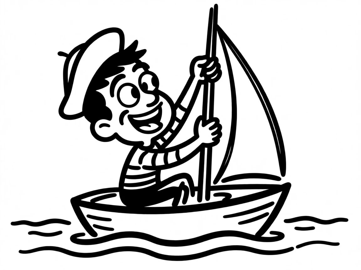 A sailor adjusting the sails on a small boat as it cuts through calm blue water.