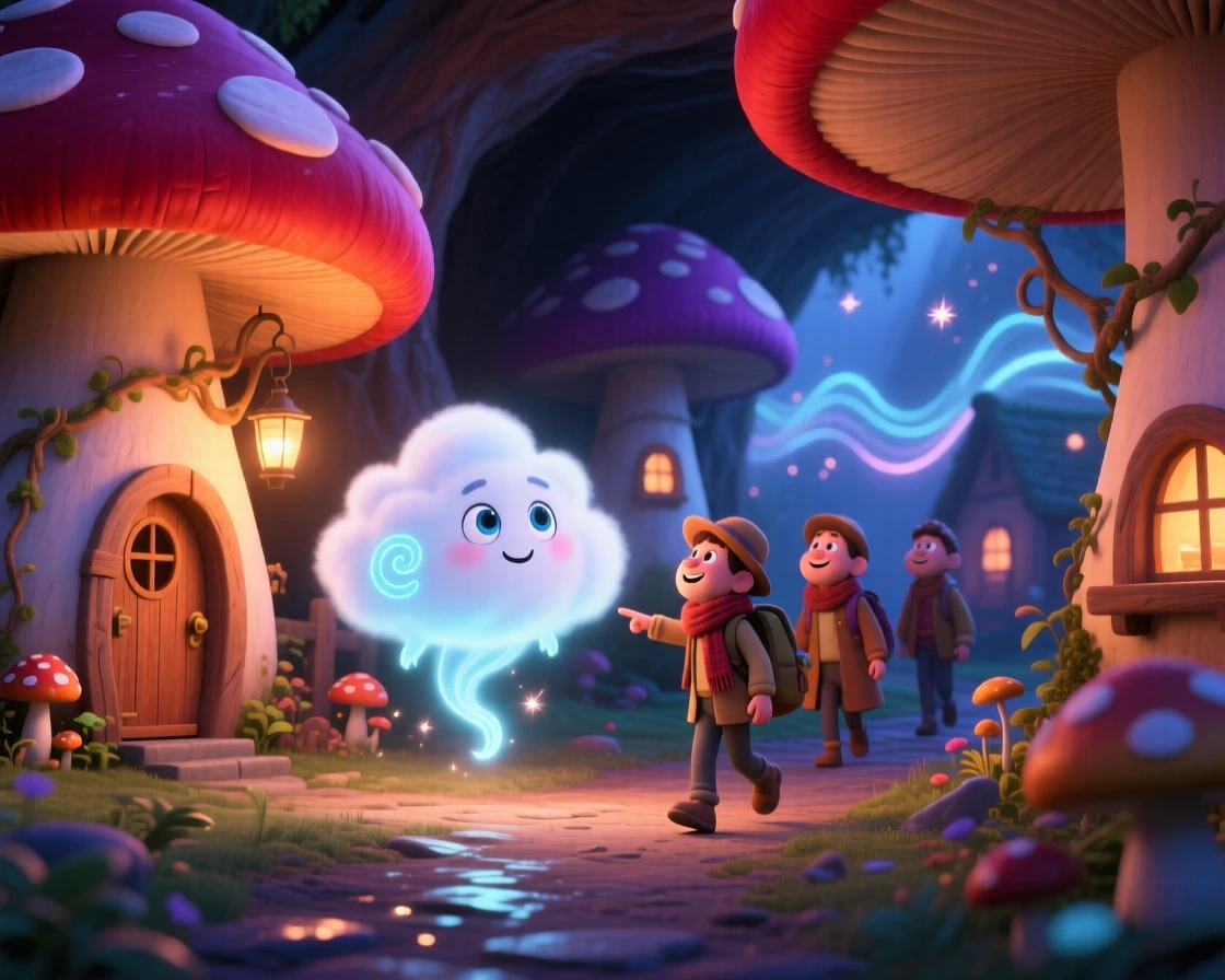A cloud spirit stands in a village built inside giant mushrooms, guiding lost travelers with a soft glow. A quiet magic hums softly throughout the scene, with glowing runes pulsing gently in the background.