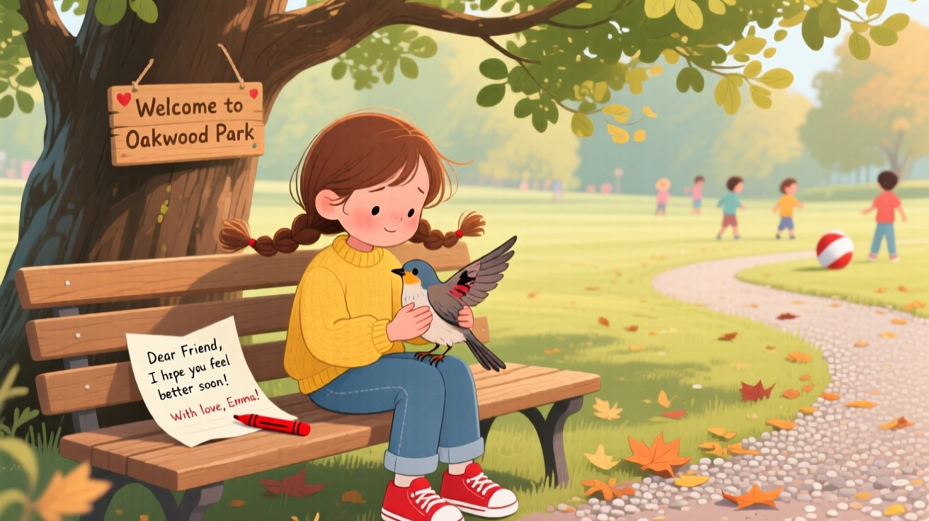 A girl and an injured bird share a tender moment writing a kind note and leaving it on a doorstep in a park bench under an old oak tree, while a soft breeze carries away any worry.