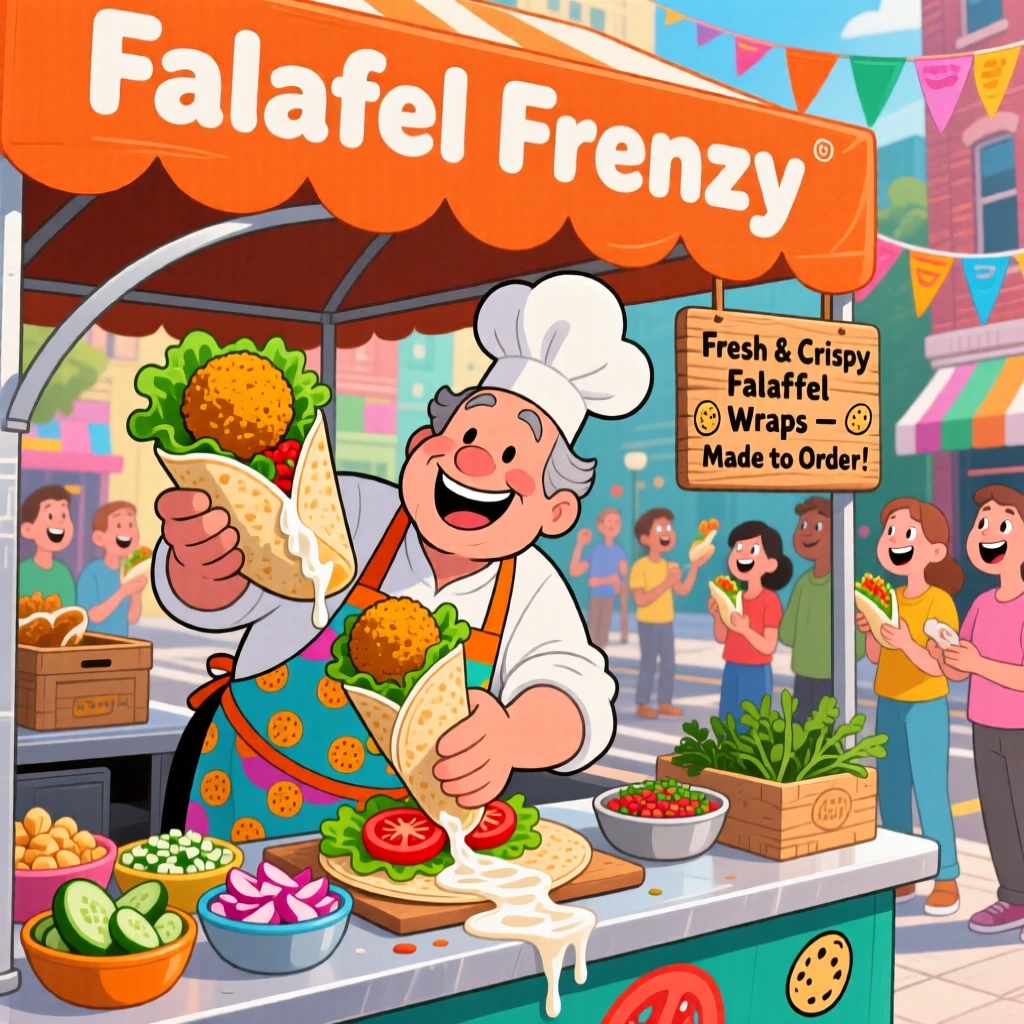 A vendor preparing crispy falafel wraps at a bustling stall.