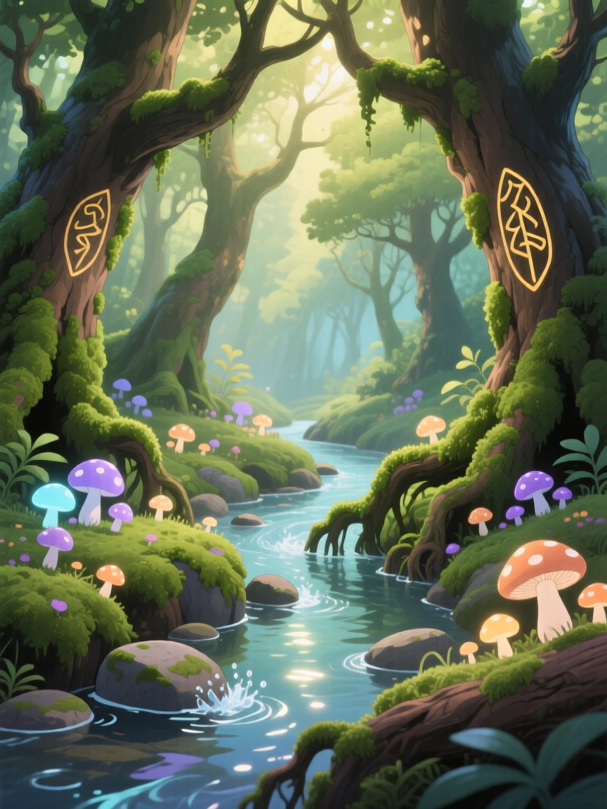 A moss-covered grove filled with softly glowing mushrooms, a narrow stream trickling over smooth stones, creating a scene of quiet natural magic.